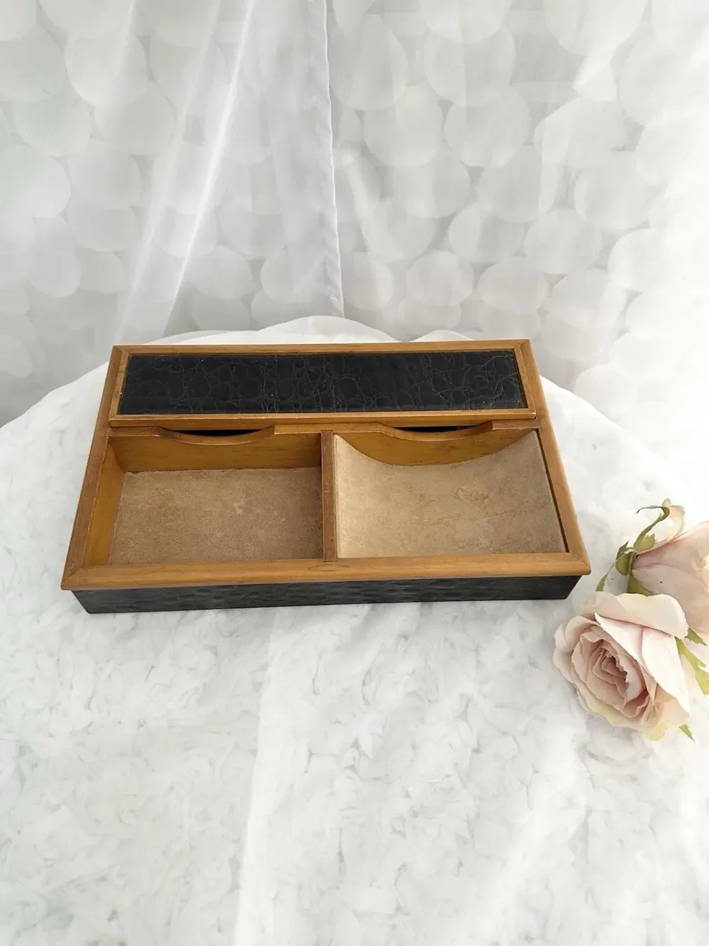 Vintage Jewelry Valet Black Genuine Leather CROC Embossed Wood Unisex Made Italy